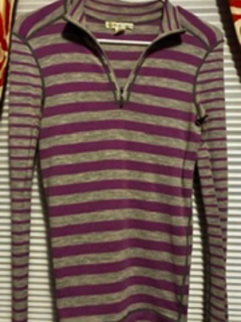 Purple and Gray Stripe zip neck top by Dakini, Merino Wool, Thumb holes,  Small